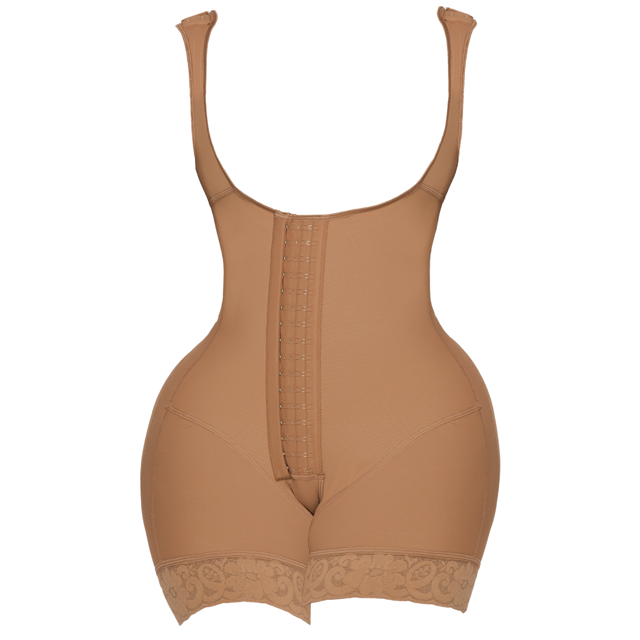 Front view of mid-thigh Colombian faja with three columns of hook-and-eye closures for graded compression in the color Cocoa.